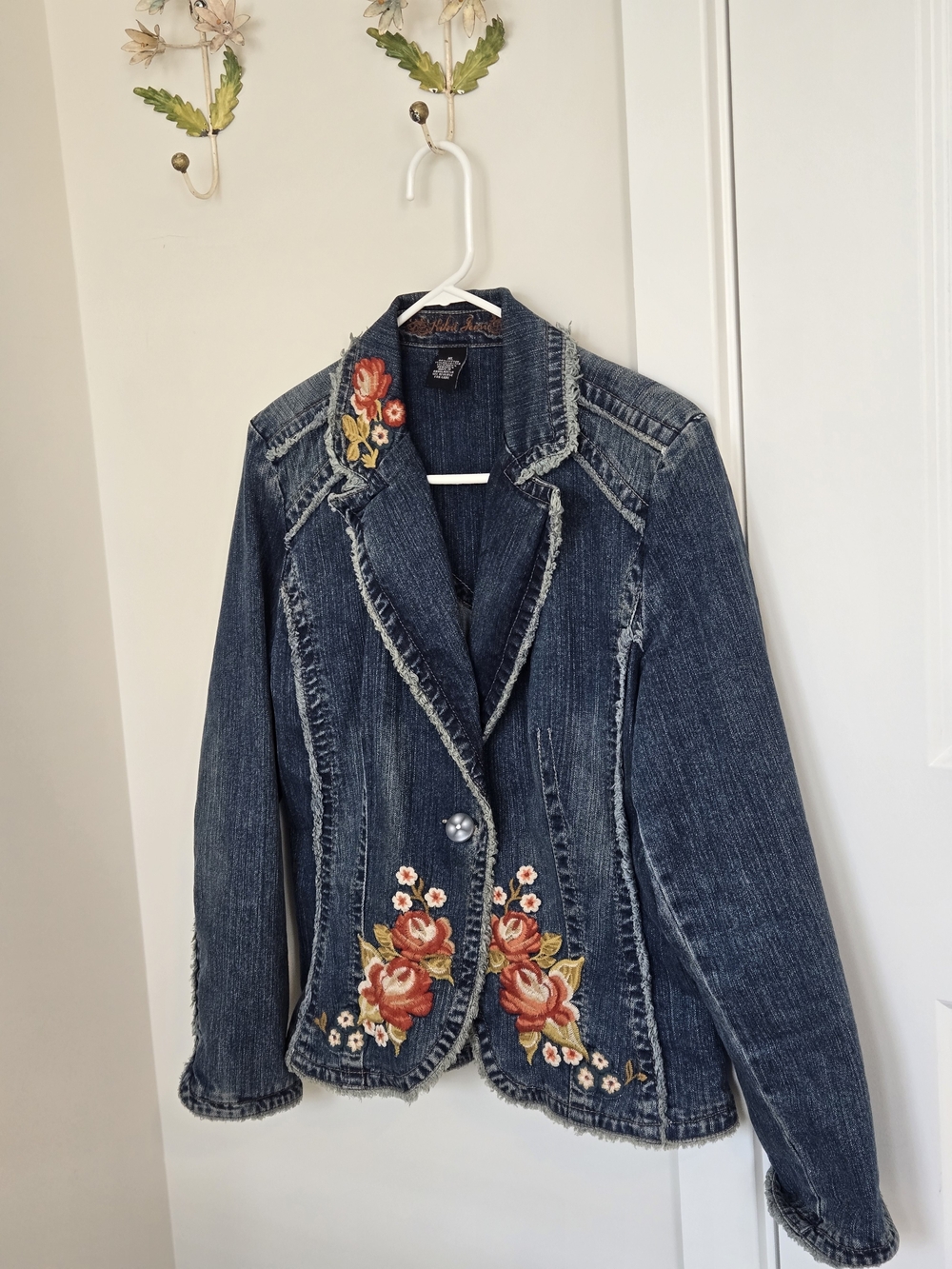 Vintage Y2K Denim Floral Embroidered Women's Jacket - Blue sz XL